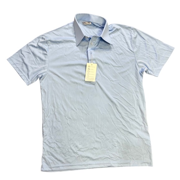 Collars & Co Mens Light Blue Short Sleeve Polo Shirt Medium Firm Dress Collar